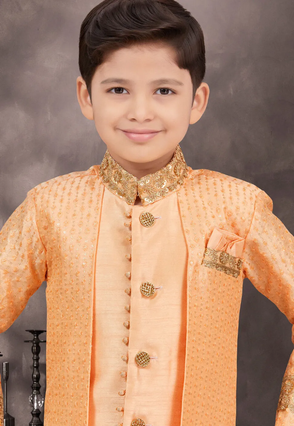 Embroidered Art Silk Jacquard Layered Sherwani in Light Orange