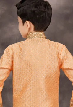 Embroidered Art Silk Jacquard Layered Sherwani in Light Orange