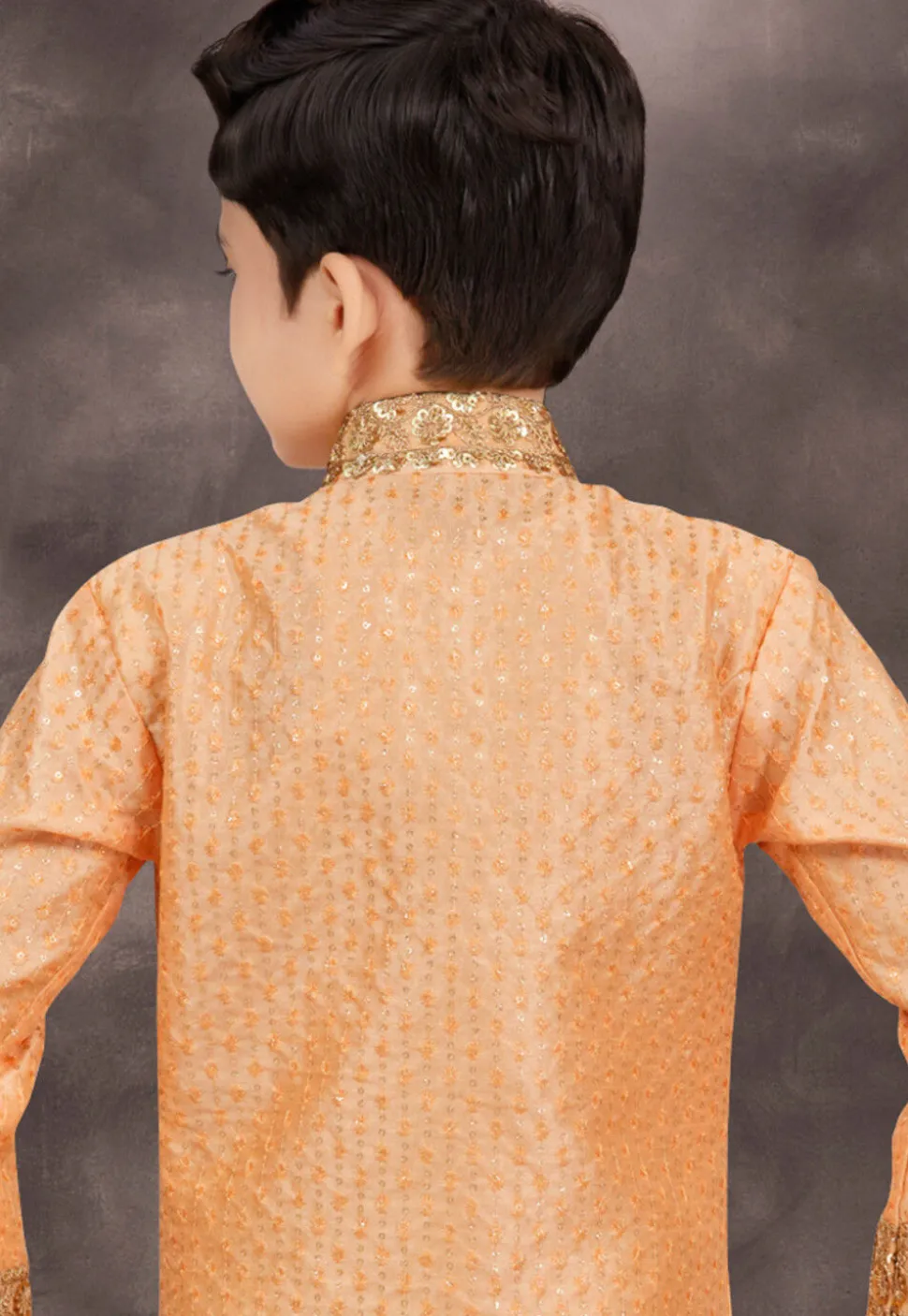 Embroidered Art Silk Jacquard Layered Sherwani in Light Orange