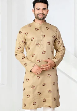Embroidered Art Silk Jacquard Kurta in Beige