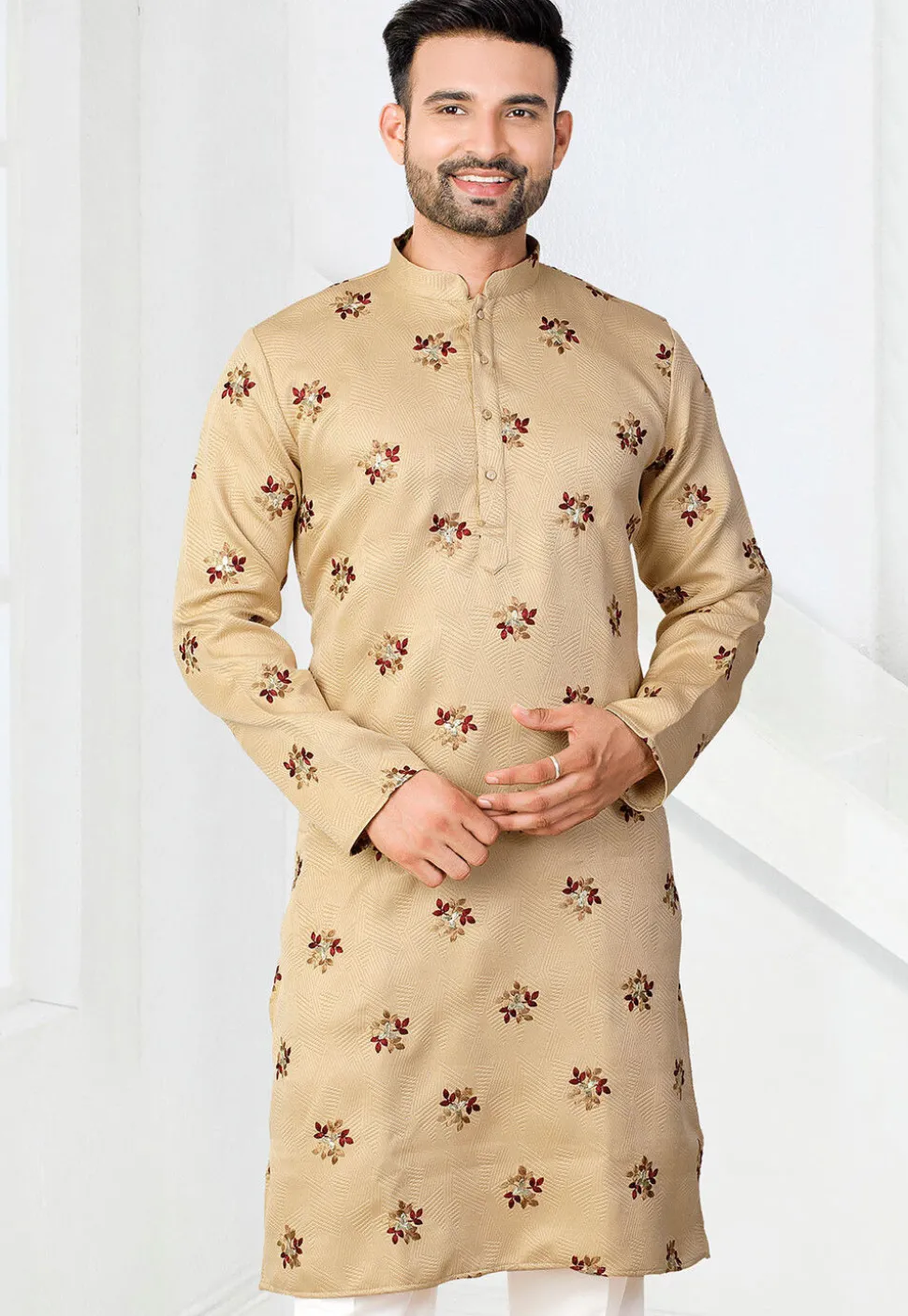 Embroidered Art Silk Jacquard Kurta in Beige