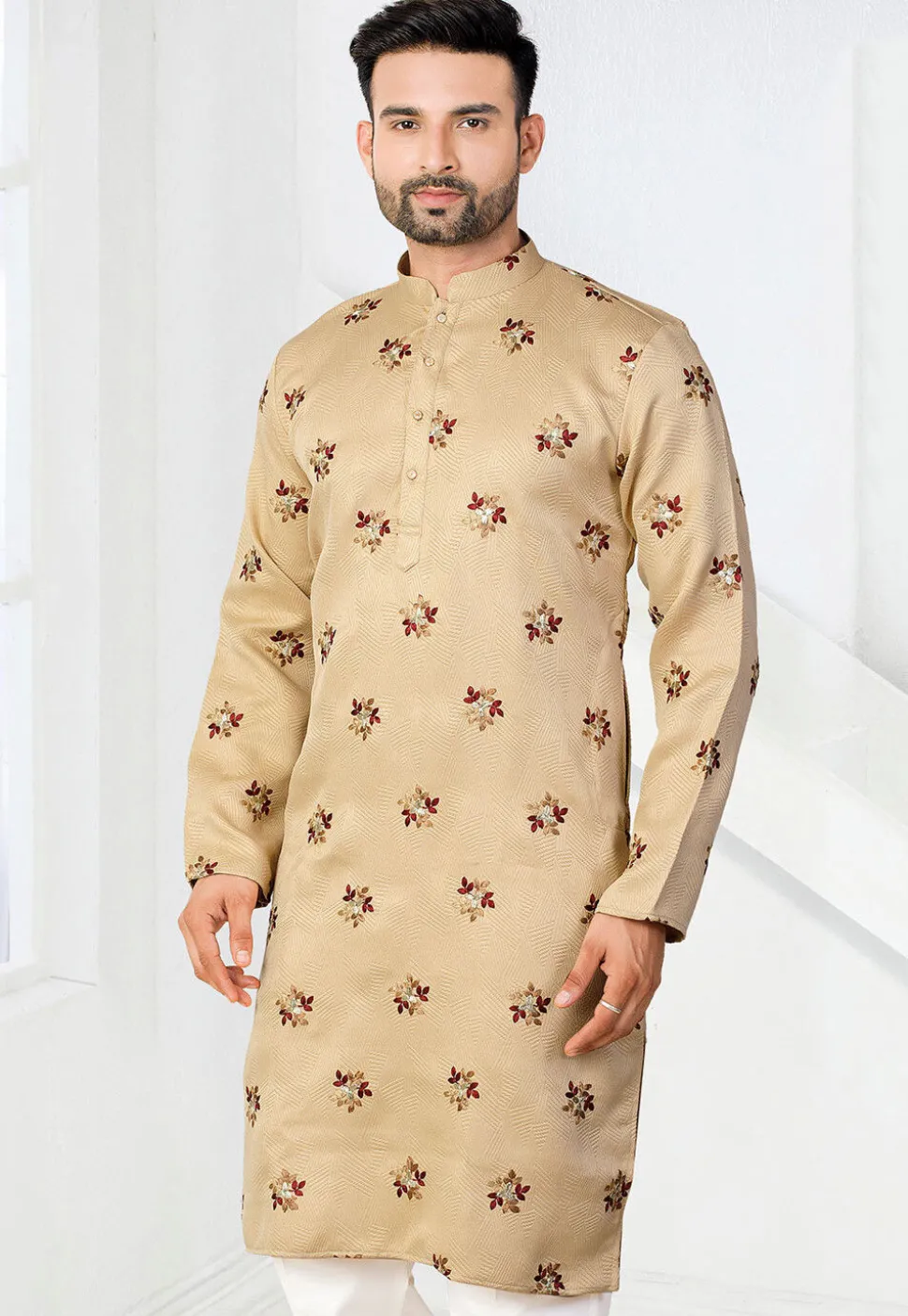 Embroidered Art Silk Jacquard Kurta in Beige