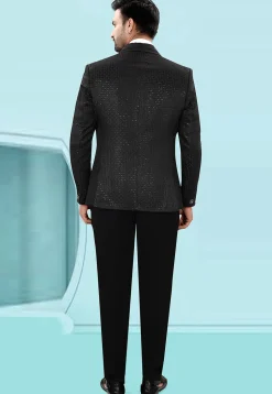Embroidered Art Silk Jacquard Tuxedo in Black