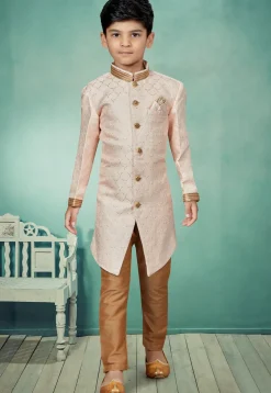 Embroidered Art Silk Jacquard Sherwani in Light Pink
