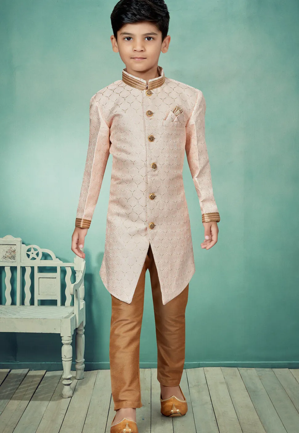 Embroidered Art Silk Jacquard Sherwani in Light Pink