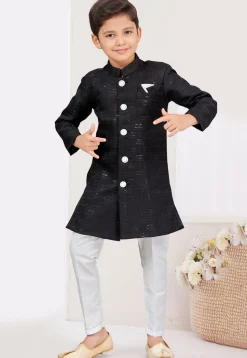 Embroidered Art Silk Jacquard Sherwani in Black