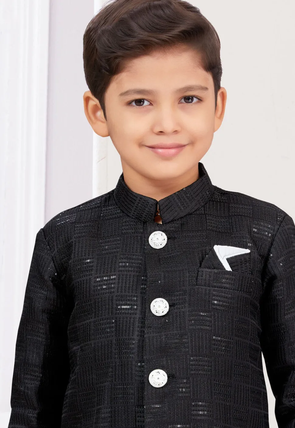 Embroidered Art Silk Jacquard Sherwani in Black