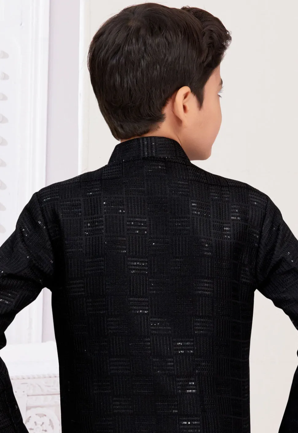 Embroidered Art Silk Jacquard Sherwani in Black