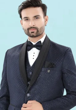 Embroidered Art Silk Jacquard Tuxedo in Blue
