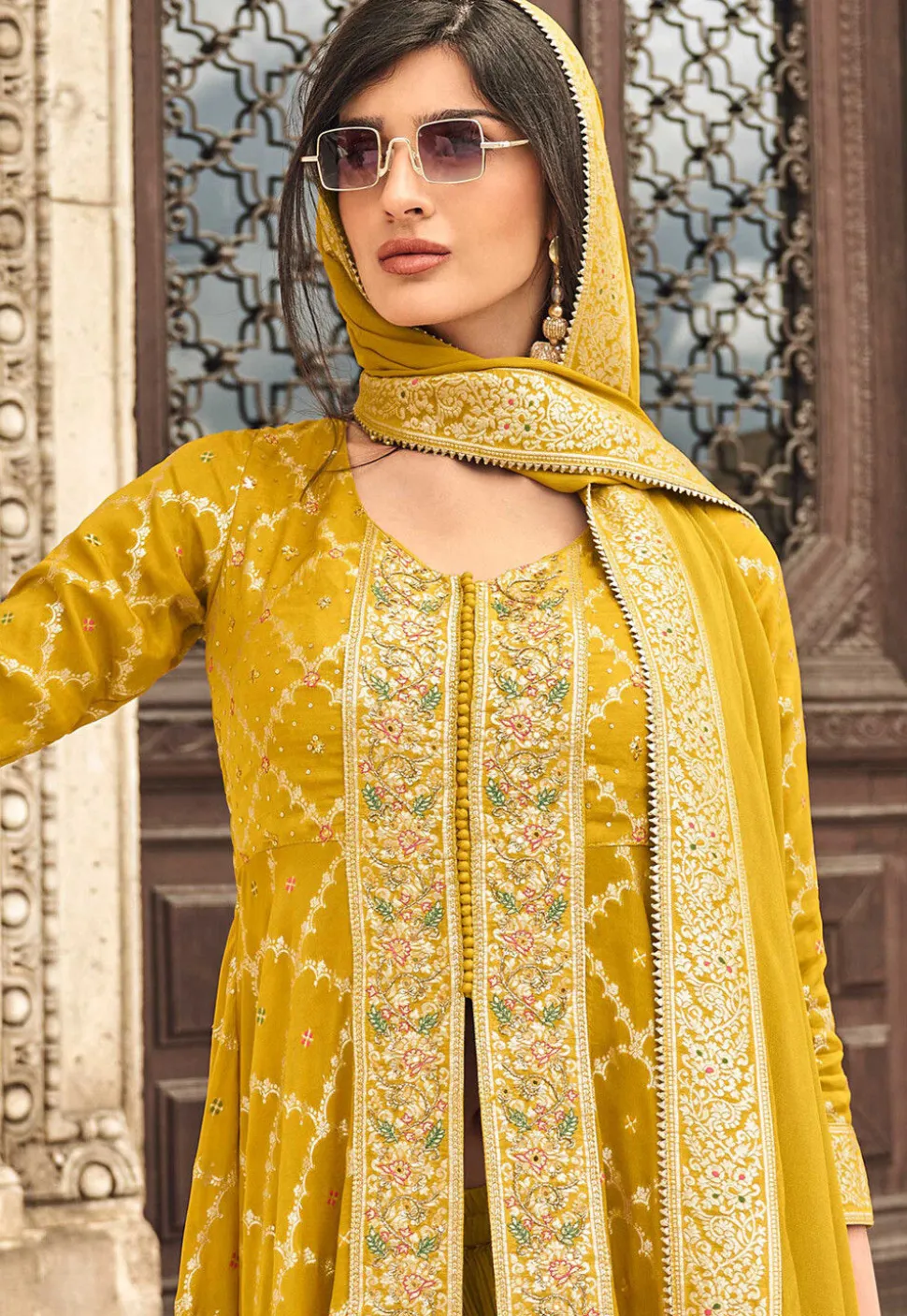 Embroidered Art Silk Jacquard Pakistani Suit in Mustard