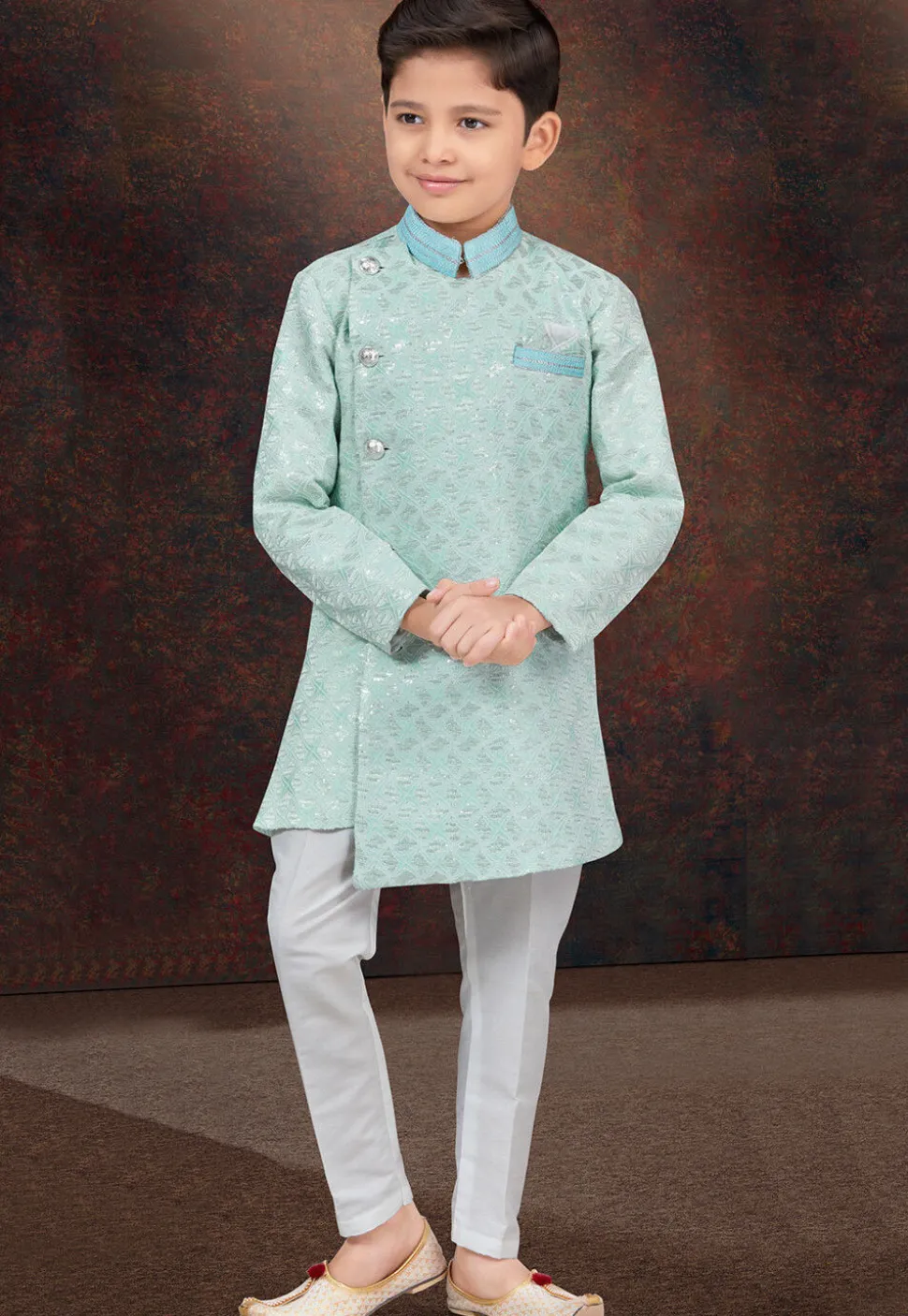 Embroidered Art Silk Jacquard Sherwani in Sea Green
