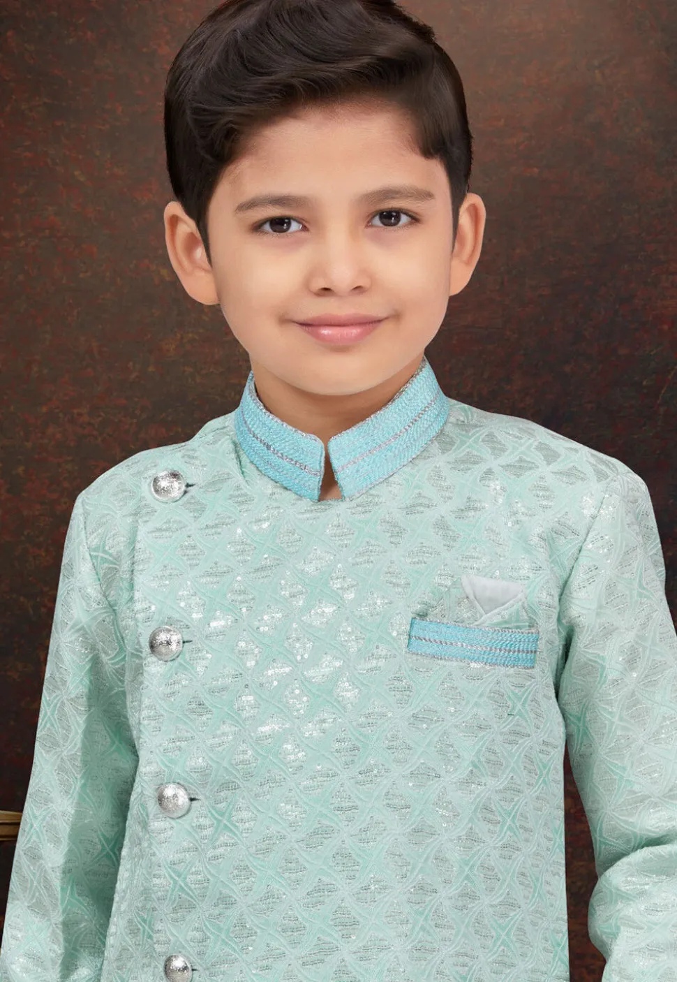 Embroidered Art Silk Jacquard Sherwani in Sea Green