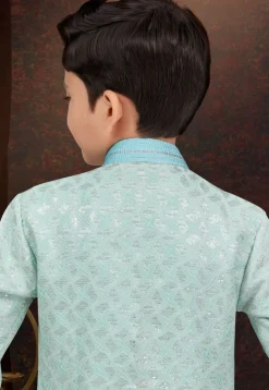Embroidered Art Silk Jacquard Sherwani in Sea Green