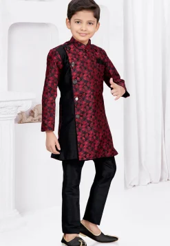 Embroidered Art Silk Jacquard Sherwani in Black and Maroon