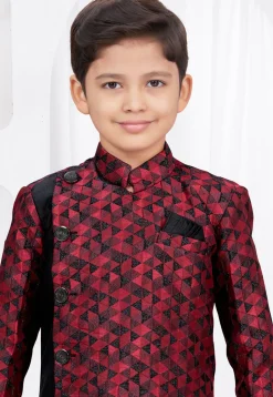 Embroidered Art Silk Jacquard Sherwani in Black and Maroon