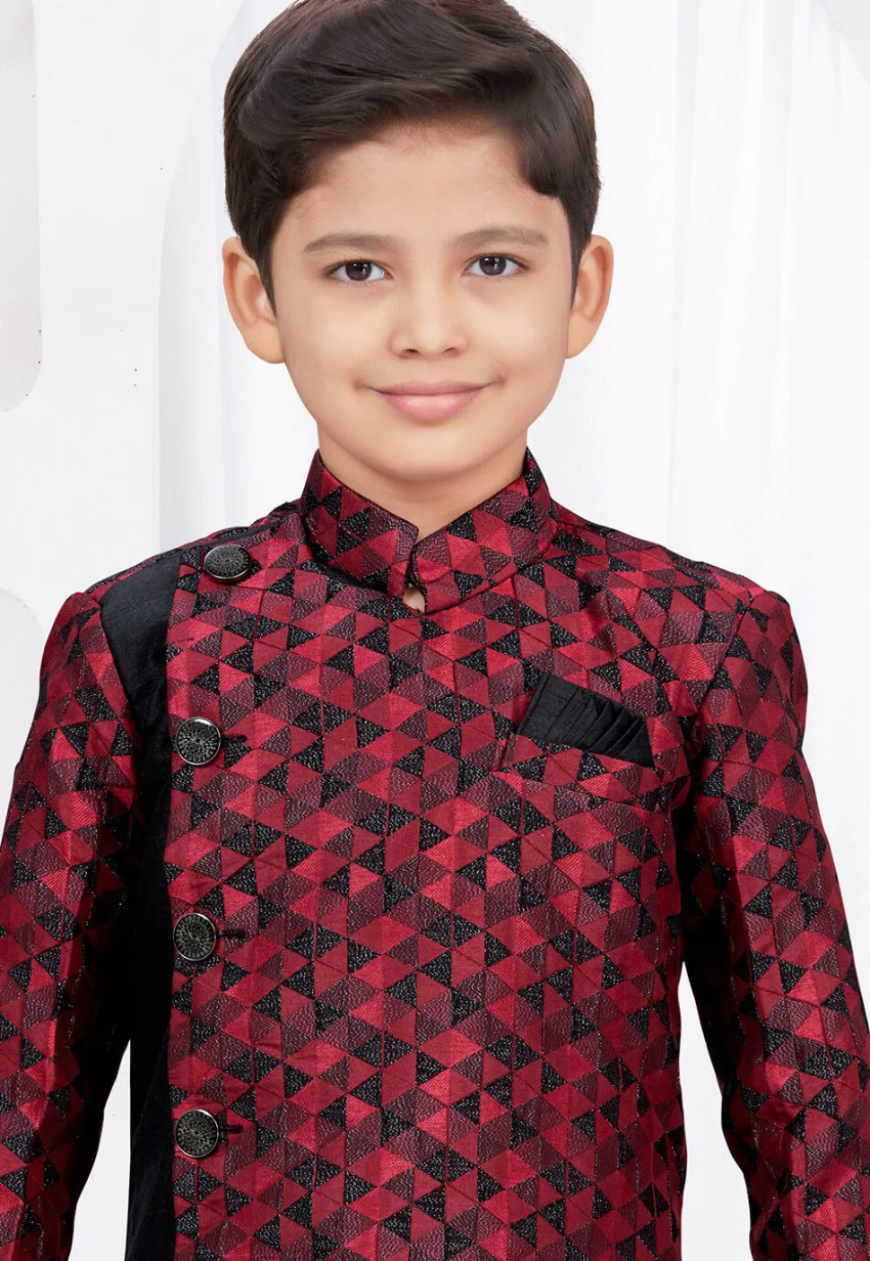 Embroidered Art Silk Jacquard Sherwani in Black and Maroon