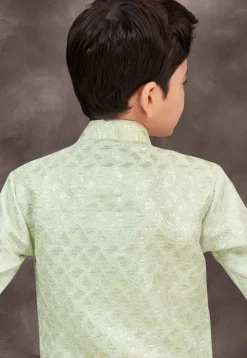 Embroidered Art Silk Jacquard Layered Sherwani in Light Green