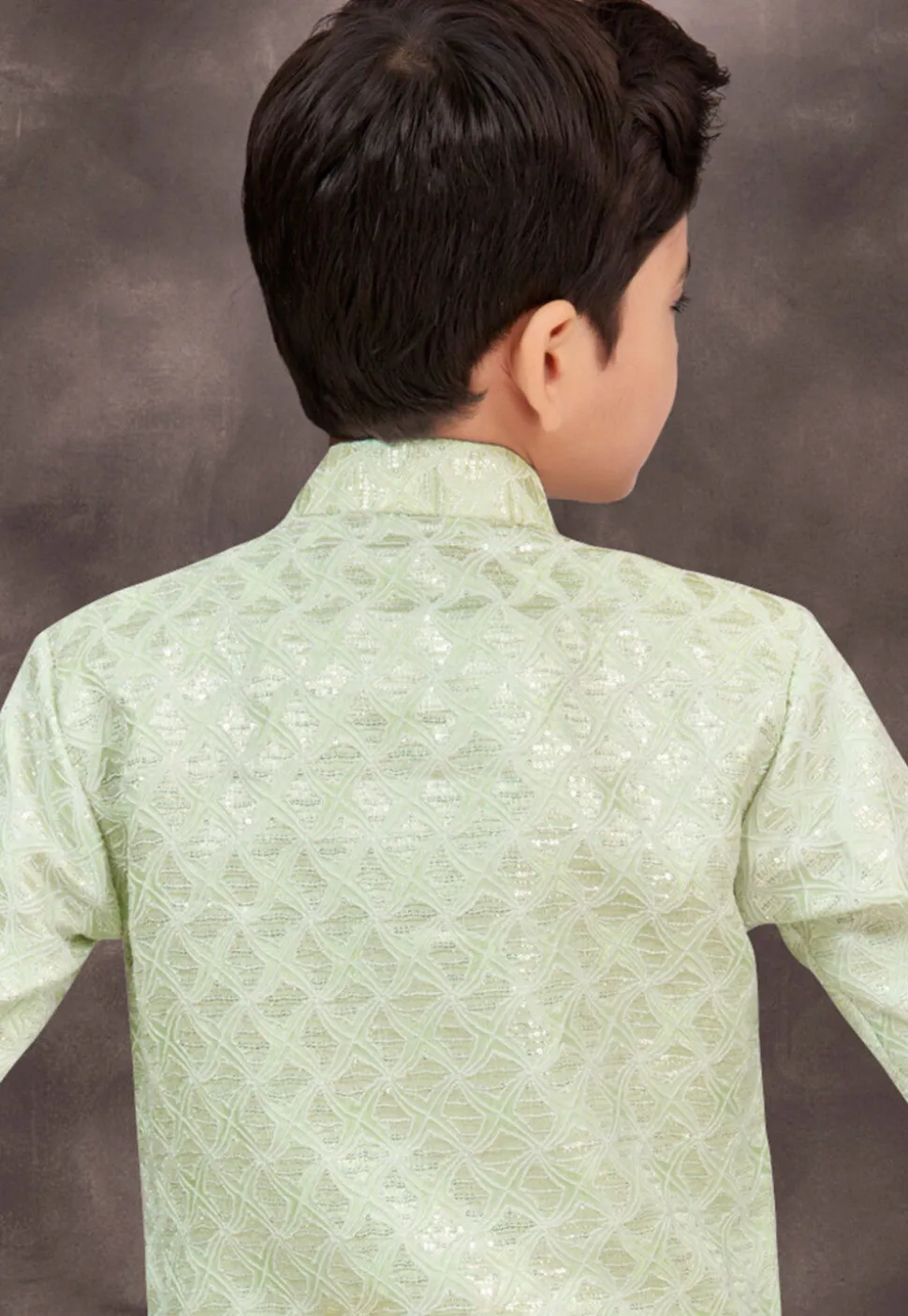 Embroidered Art Silk Jacquard Layered Sherwani in Light Green