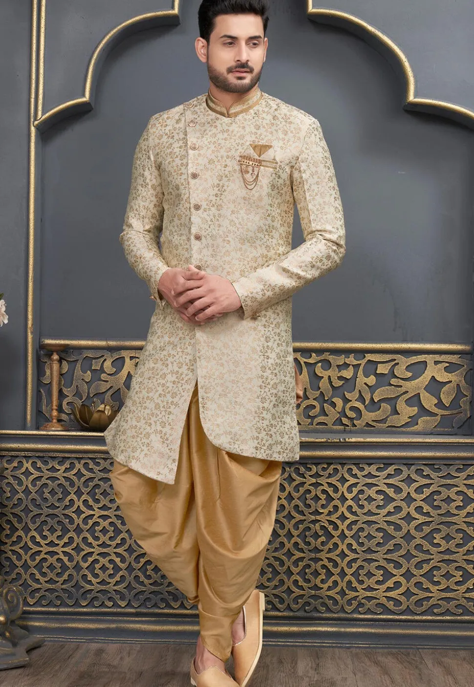 Embroidered Art Silk Jacquard Dhoti Kurta in Cream