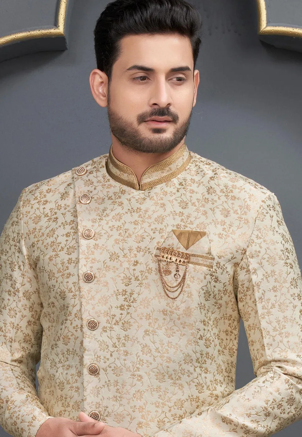 Embroidered Art Silk Jacquard Dhoti Kurta in Cream