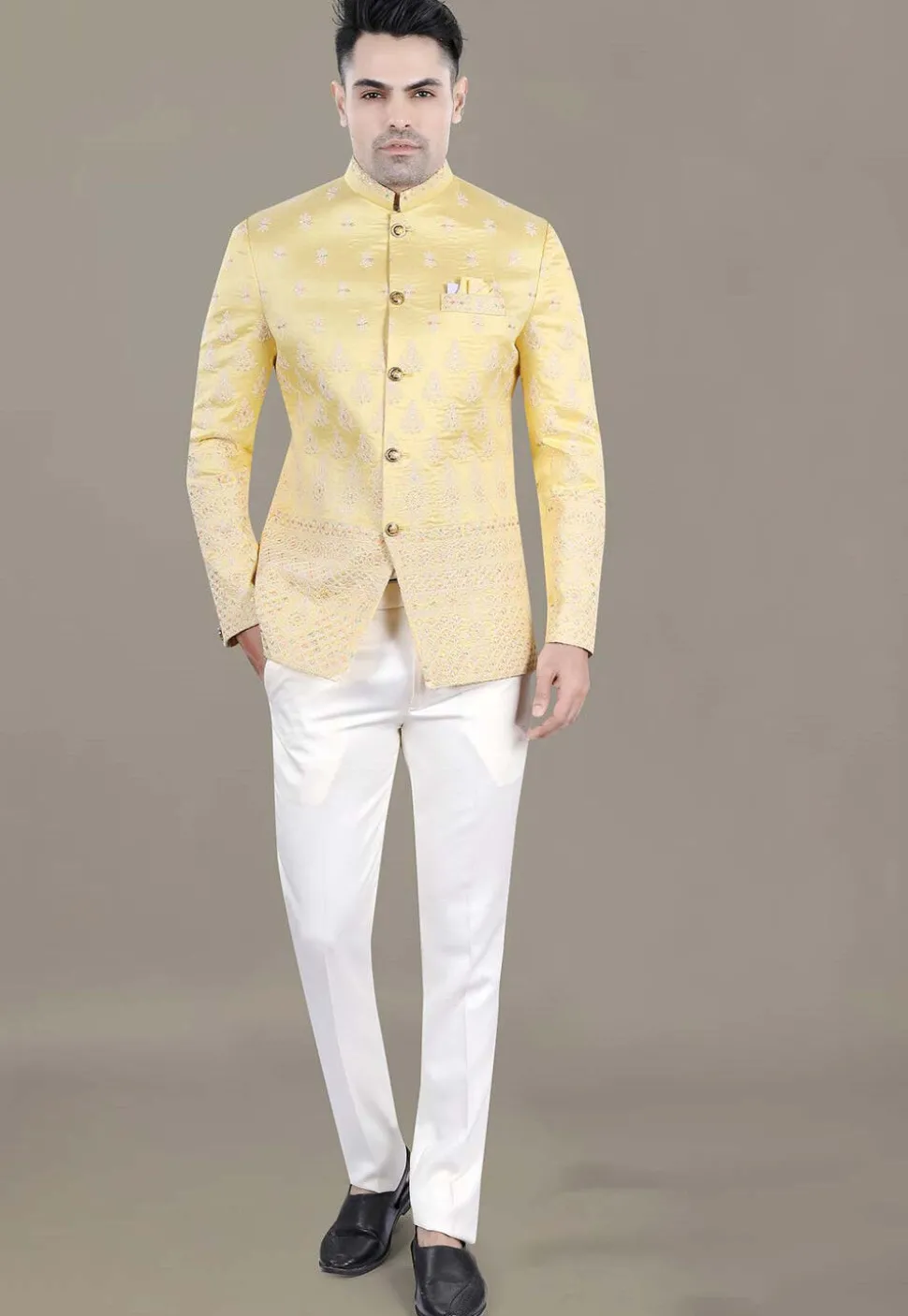 Embroidered Art Silk Jacquard Jodhpuri Jacket in Yellow