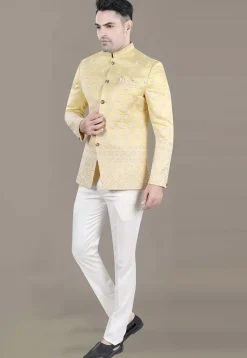 Embroidered Art Silk Jacquard Jodhpuri Jacket in Yellow