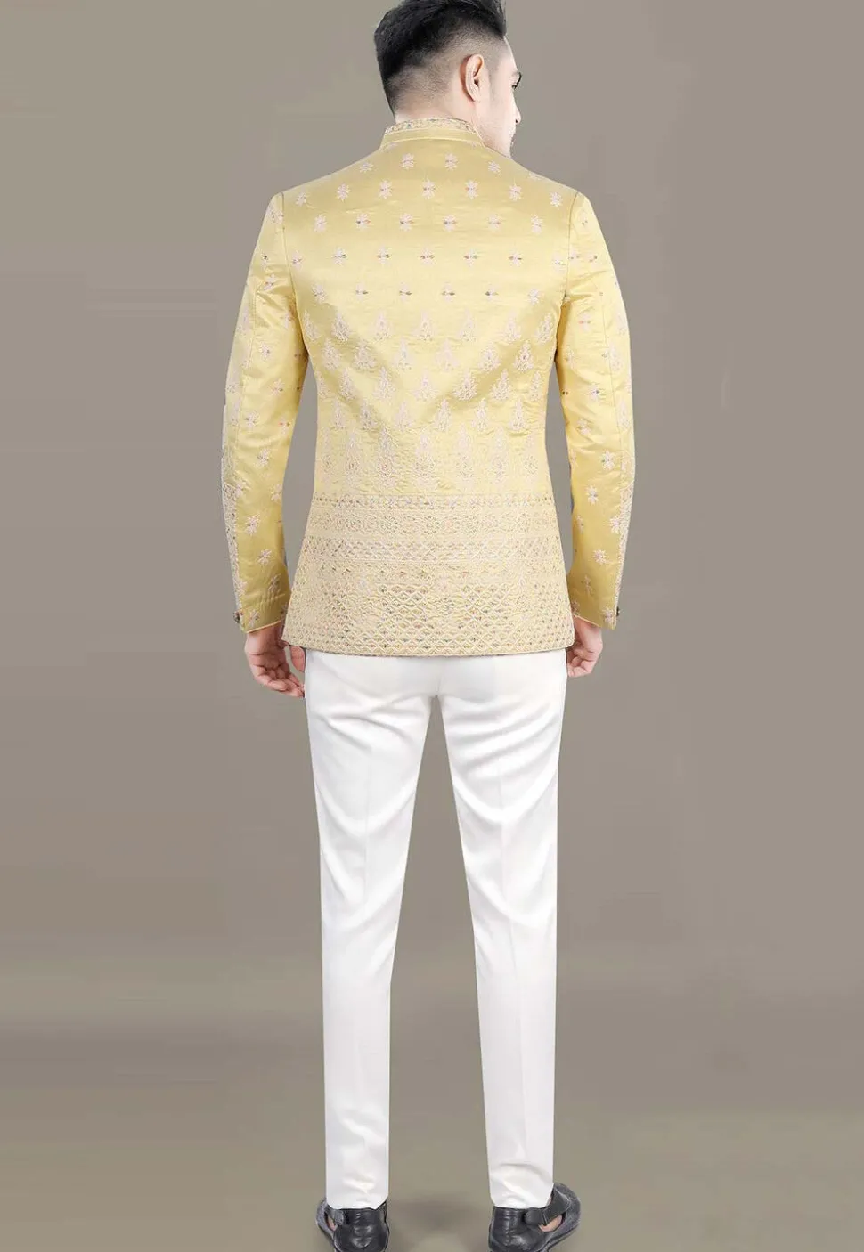 Embroidered Art Silk Jacquard Jodhpuri Jacket in Yellow
