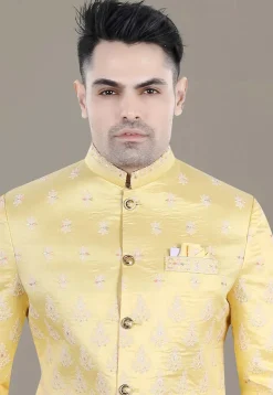 Embroidered Art Silk Jacquard Jodhpuri Jacket in Yellow