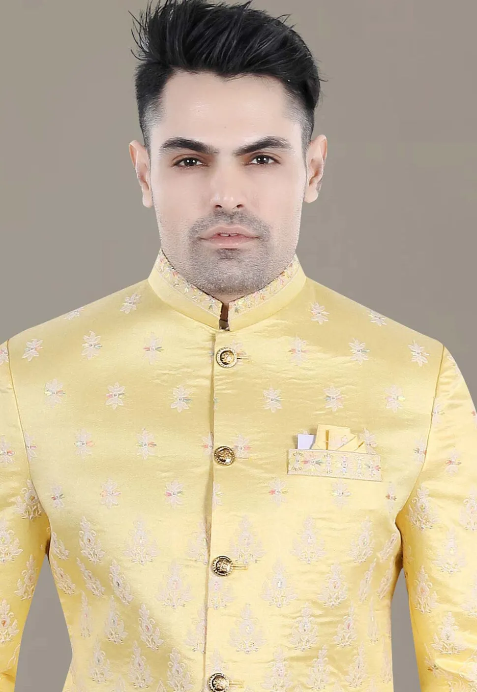 Embroidered Art Silk Jacquard Jodhpuri Jacket in Yellow