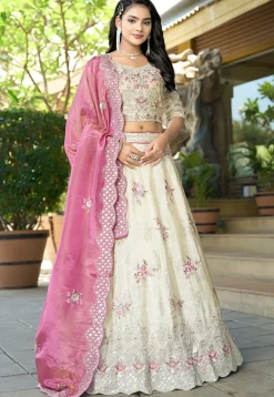 Embroidered Art Silk Jacquard Lehenga in Off White