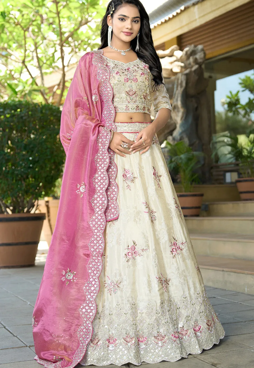 Embroidered Art Silk Jacquard Lehenga in Off White