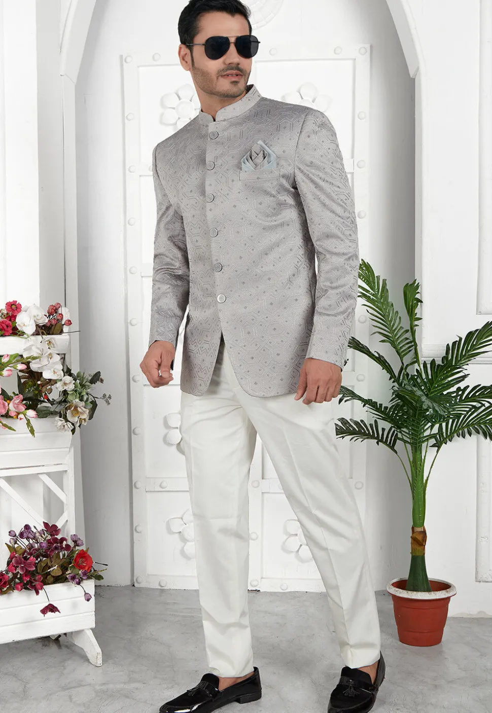 Embroidered Art Silk Jacquard Jodhpuri Jacket in Grey