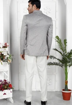 Embroidered Art Silk Jacquard Jodhpuri Jacket in Grey