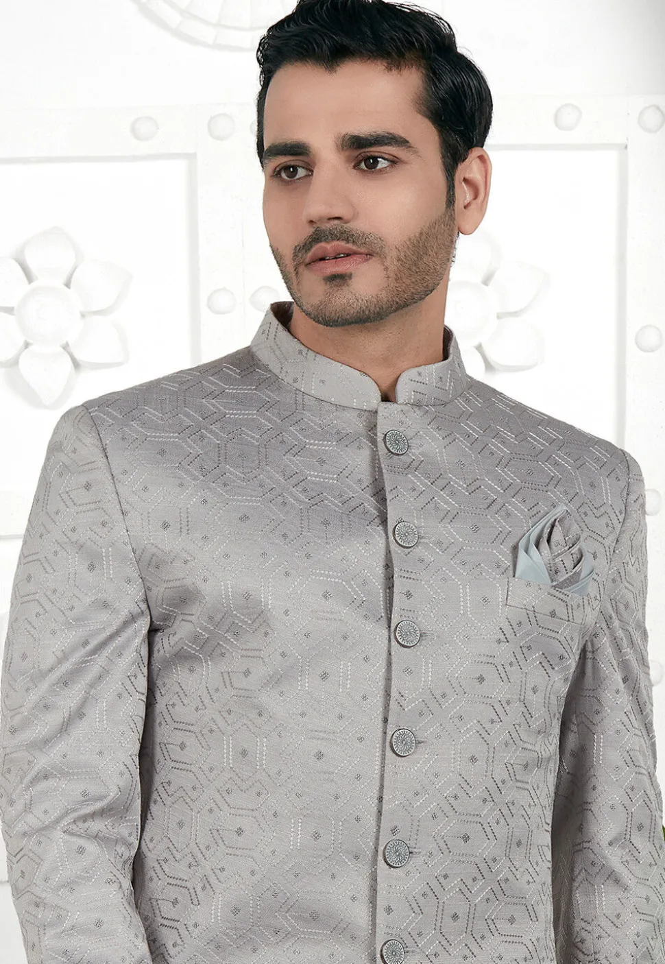 Embroidered Art Silk Jacquard Jodhpuri Jacket in Grey