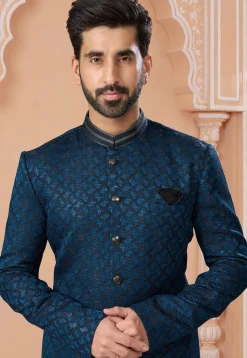 Embroidered Art Silk Jacquard Sherwani in Teal Blue