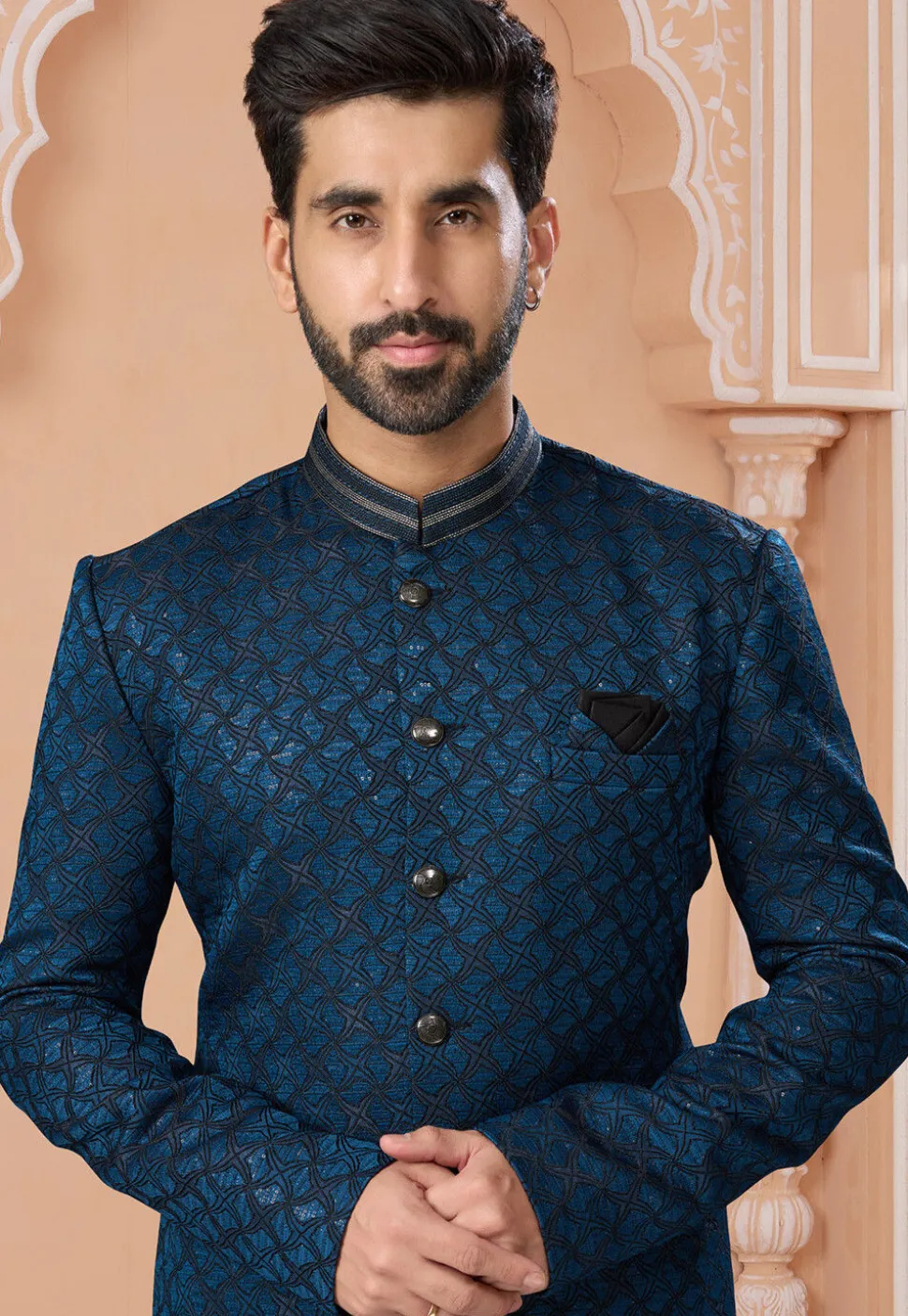 Embroidered Art Silk Jacquard Sherwani in Teal Blue