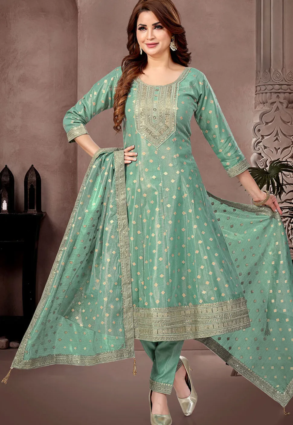 Embroidered Art Silk Jacquard A Line Suit in Light Green