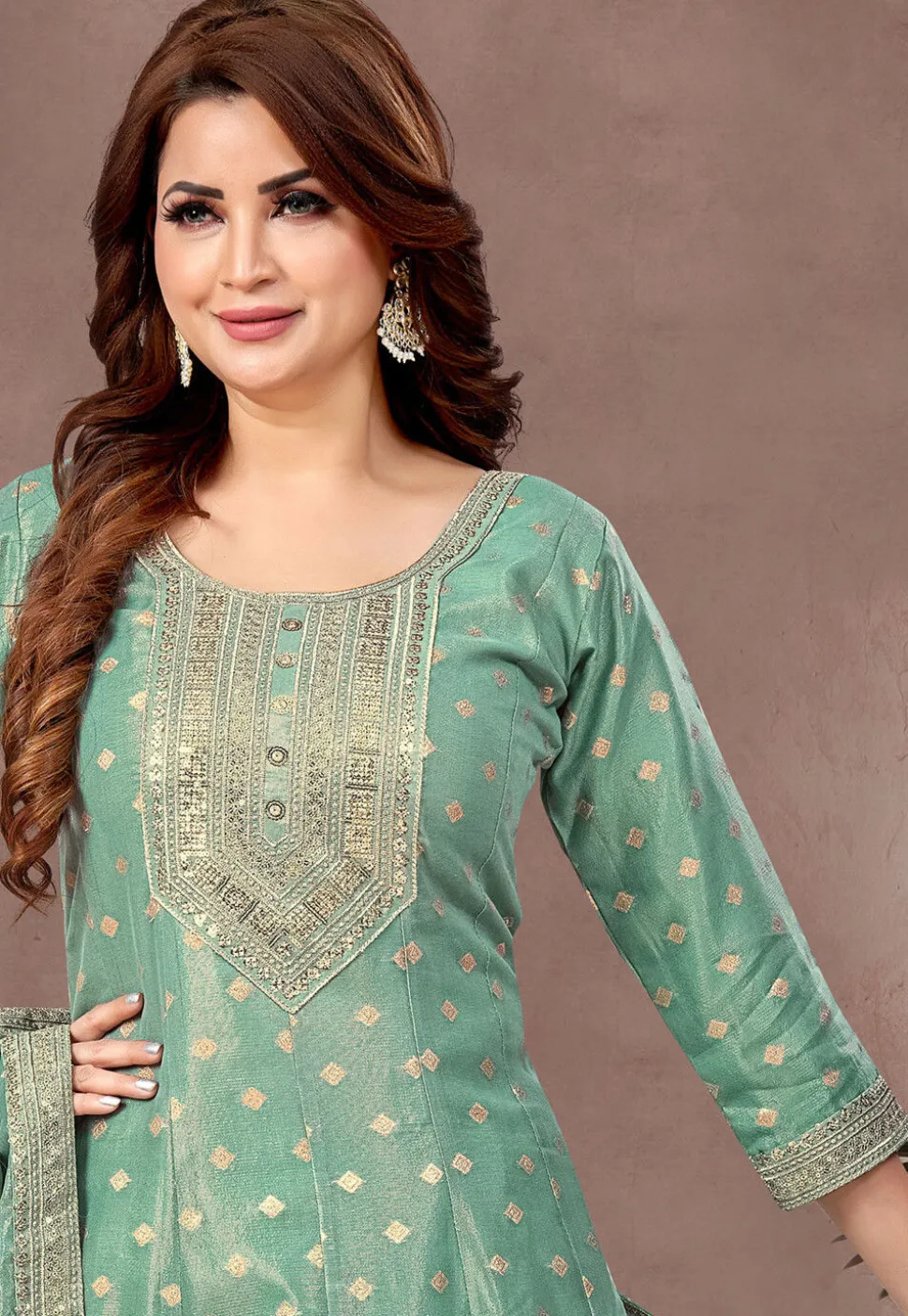 Embroidered Art Silk Jacquard A Line Suit in Light Green