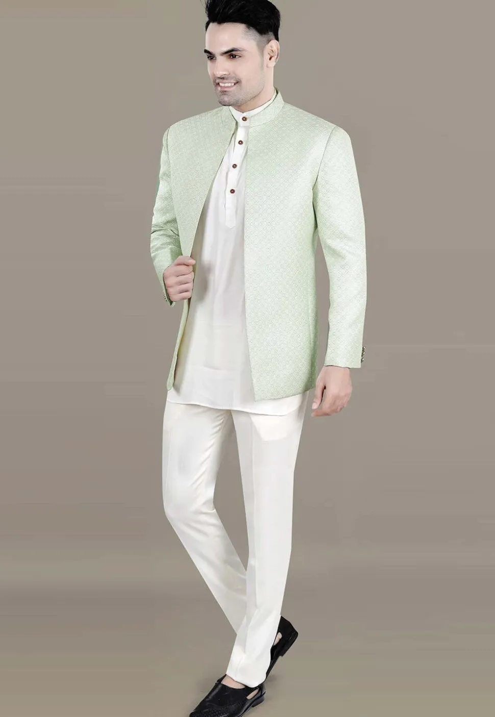 Embroidered Art Silk Jacquard Jodhpuri Jacket in Light Green