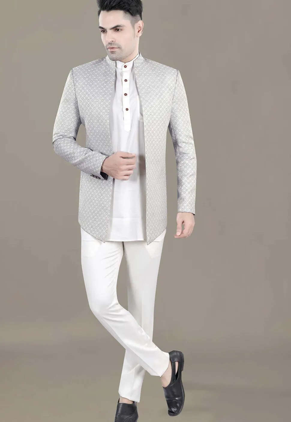 Embroidered Art Silk Jacquard Jodhpuri Jacket in Grey