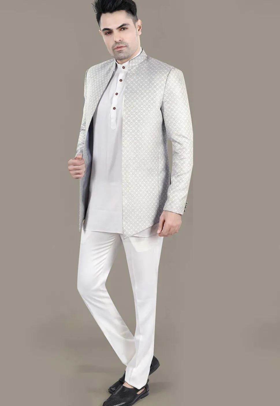 Embroidered Art Silk Jacquard Jodhpuri Jacket in Grey
