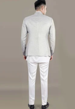 Embroidered Art Silk Jacquard Jodhpuri Jacket in Grey