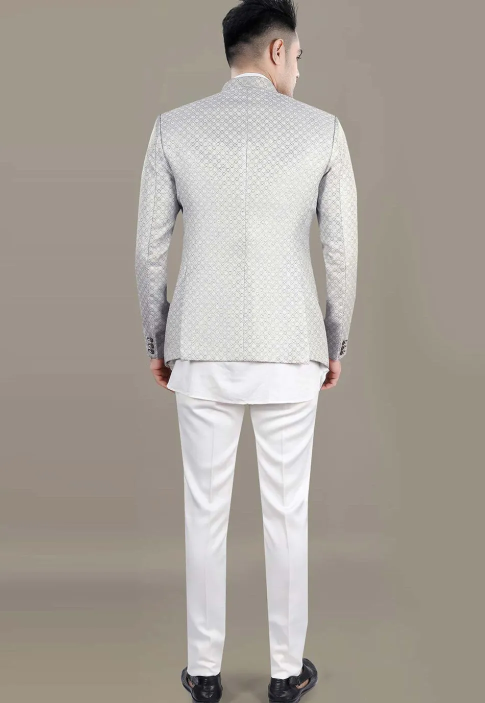 Embroidered Art Silk Jacquard Jodhpuri Jacket in Grey