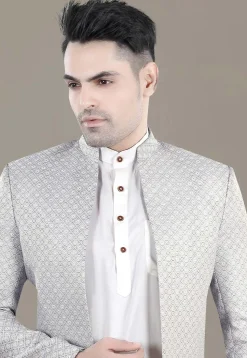 Embroidered Art Silk Jacquard Jodhpuri Jacket in Grey