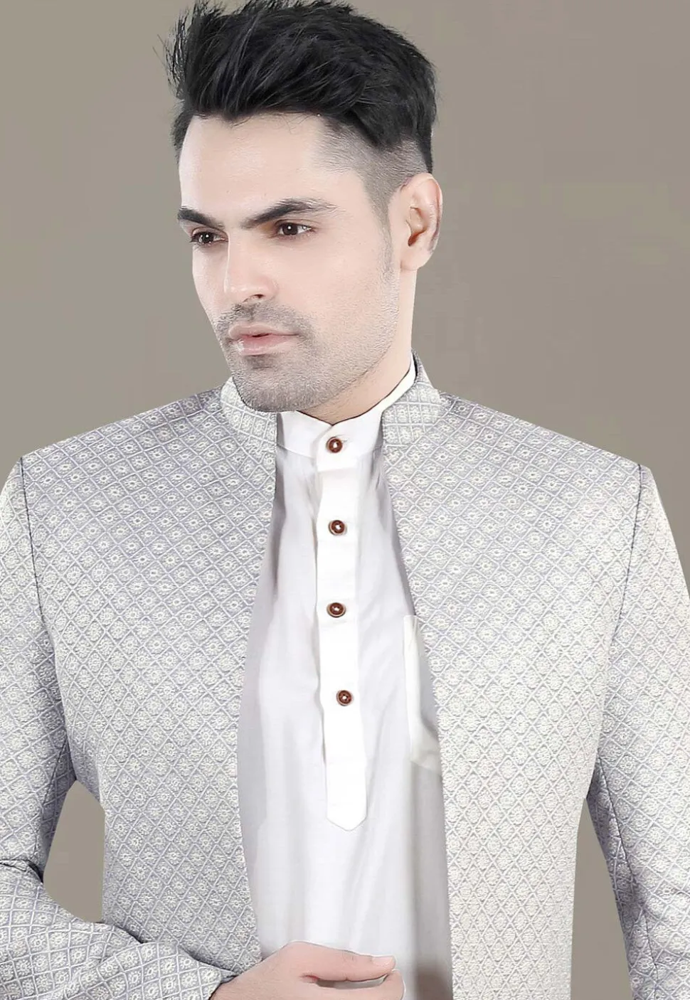 Embroidered Art Silk Jacquard Jodhpuri Jacket in Grey