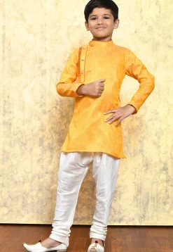 Embroidered Art Silk Jacquard Kurta Set in Yellow