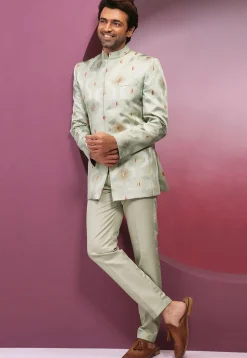 Embroidered Art Silk Jodhpuri Suit in Pastel Green