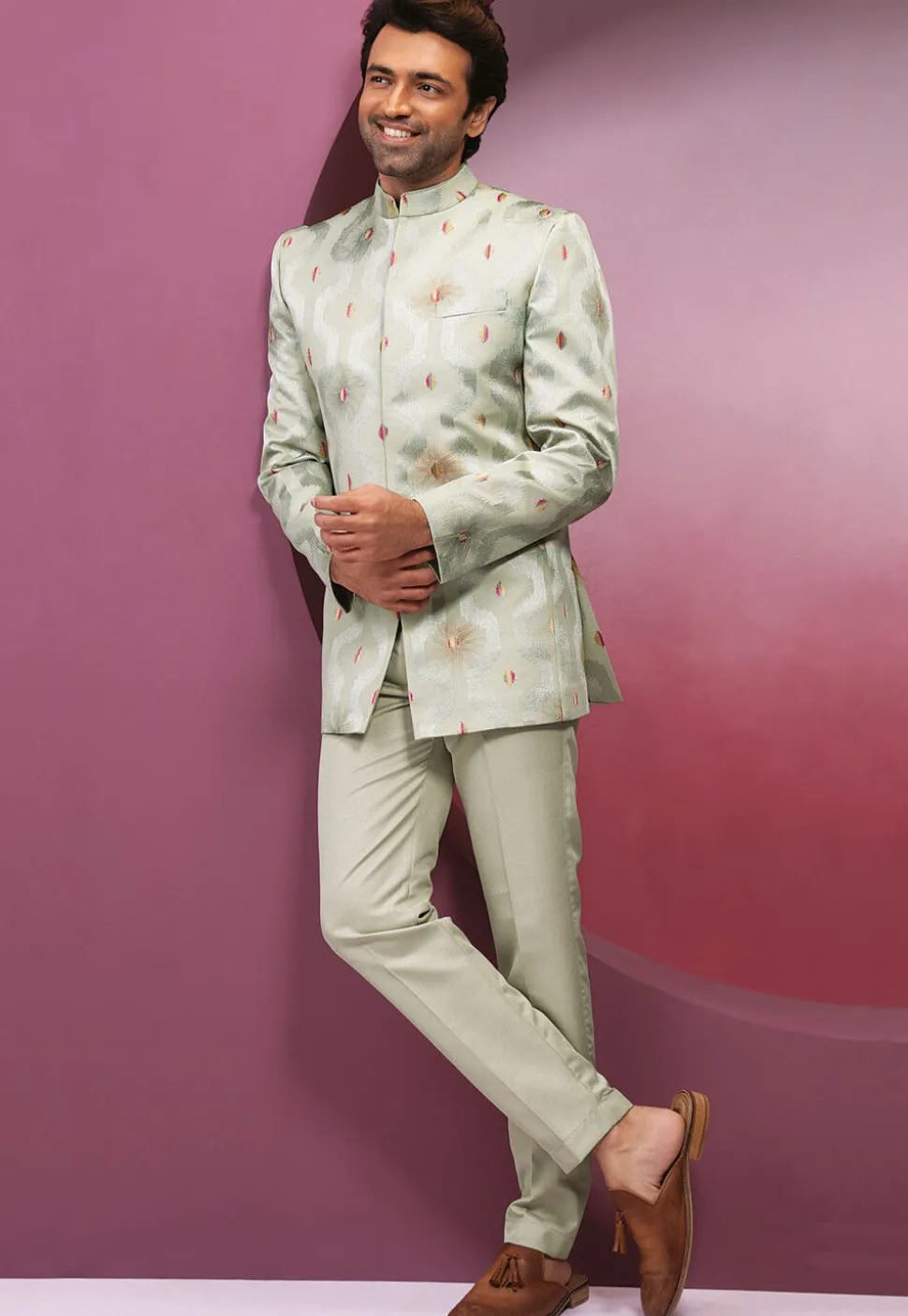 Embroidered Art Silk Jodhpuri Suit in Pastel Green