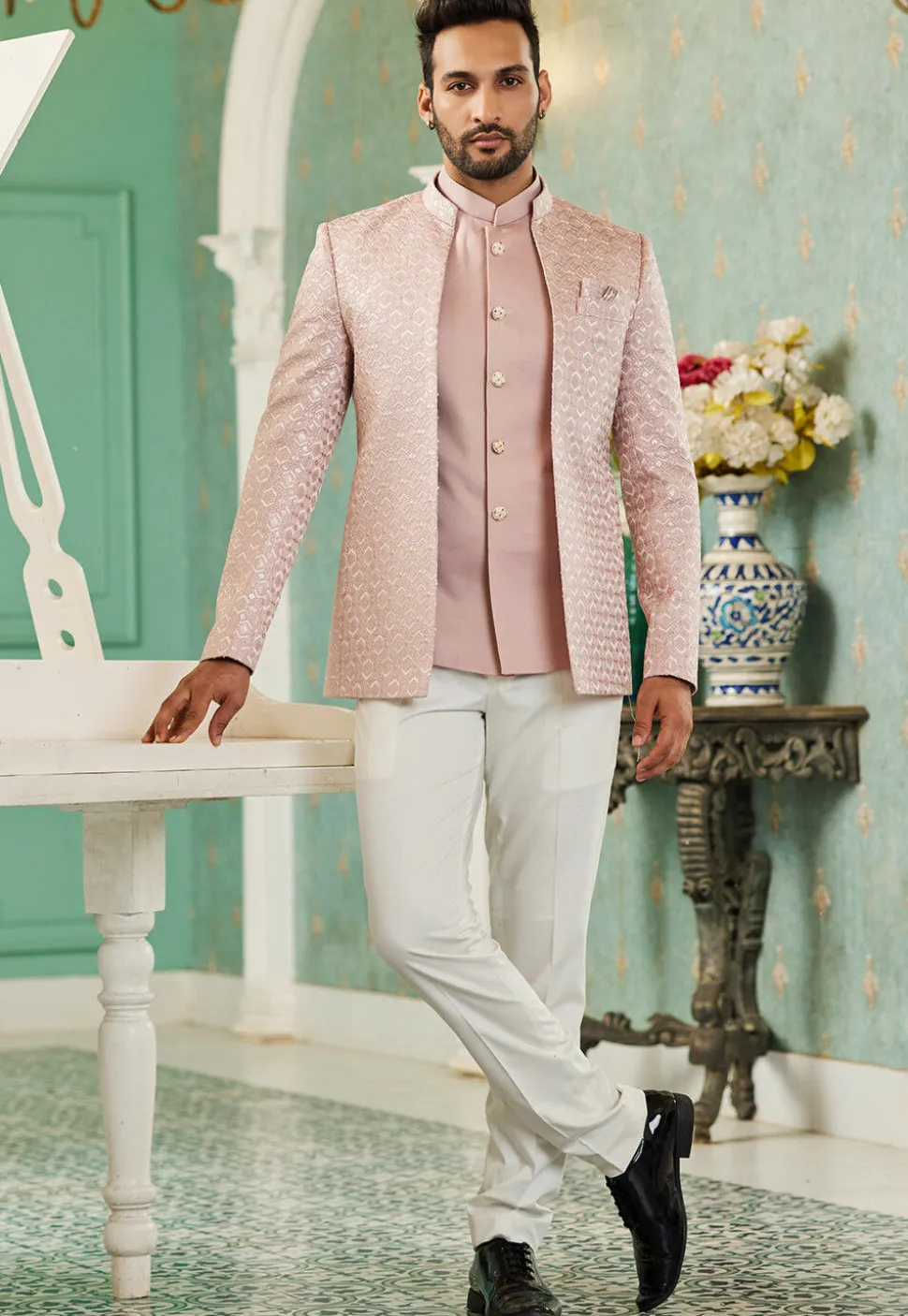 Embroidered Art Silk Jodhpuri Suit in Pink