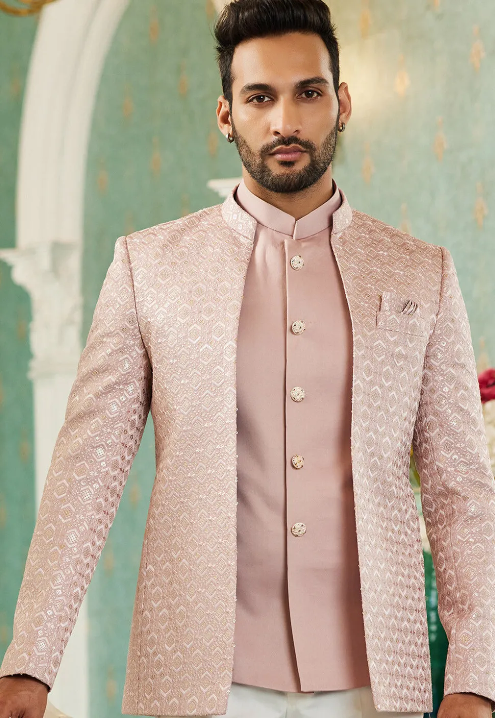 Embroidered Art Silk Jodhpuri Suit in Pink
